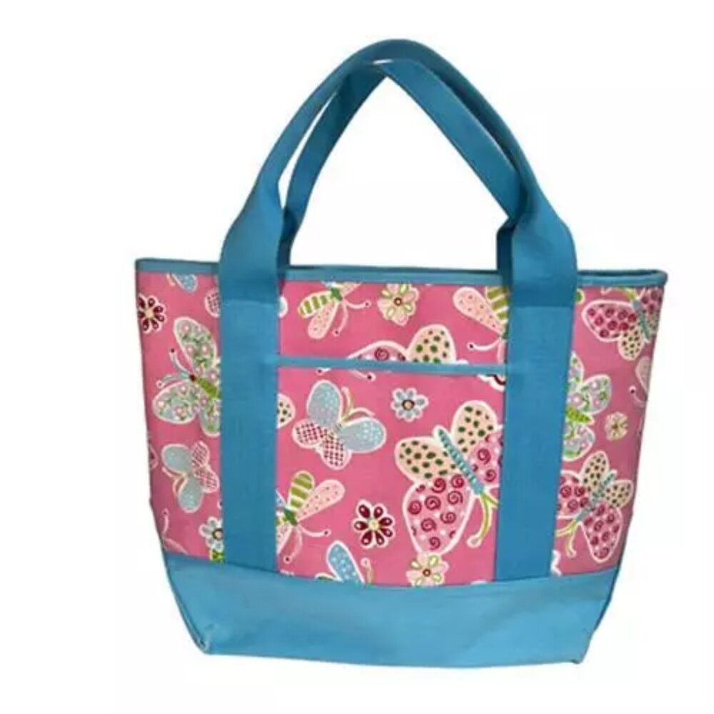 Pottery Barn Kids Girls Tote Bag Blue Pink Butterflies Double Handles Pockets